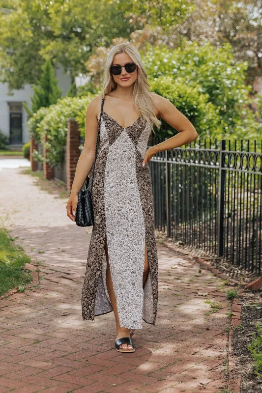 Black Mixed Print Slit Midi Dress