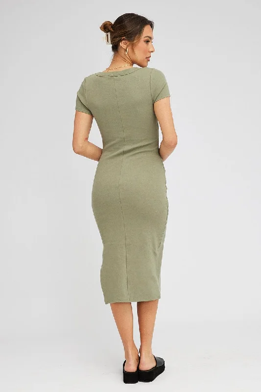 Green Midi Dress Short Sleeve Rib