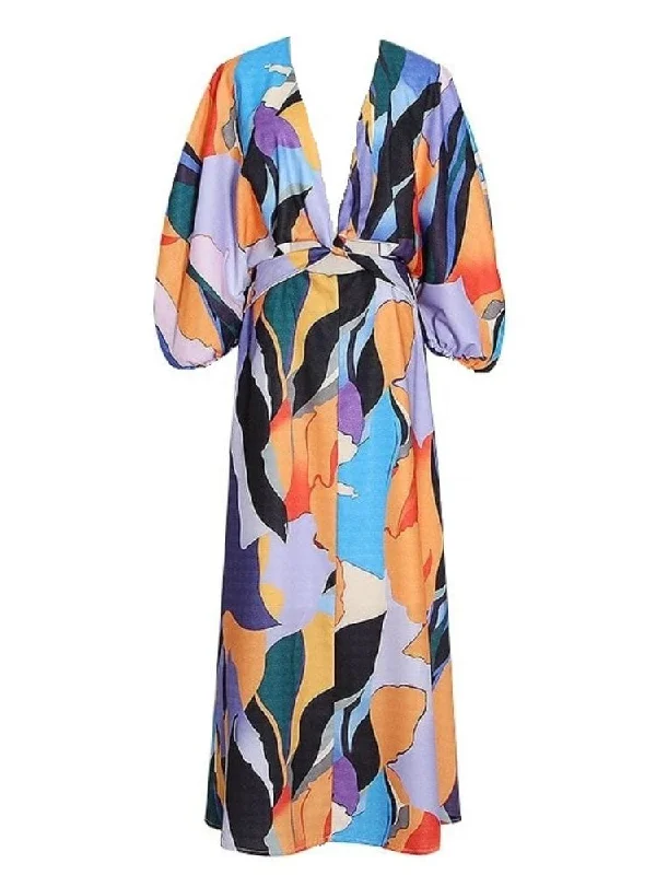 Harmony V Neck Long Sleeve Midi Dress - Blue Print