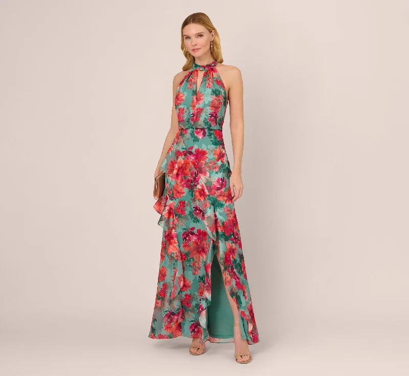 Floral Printed Halter Mermaid Gown With Ruffle Details In Turquoise Multi