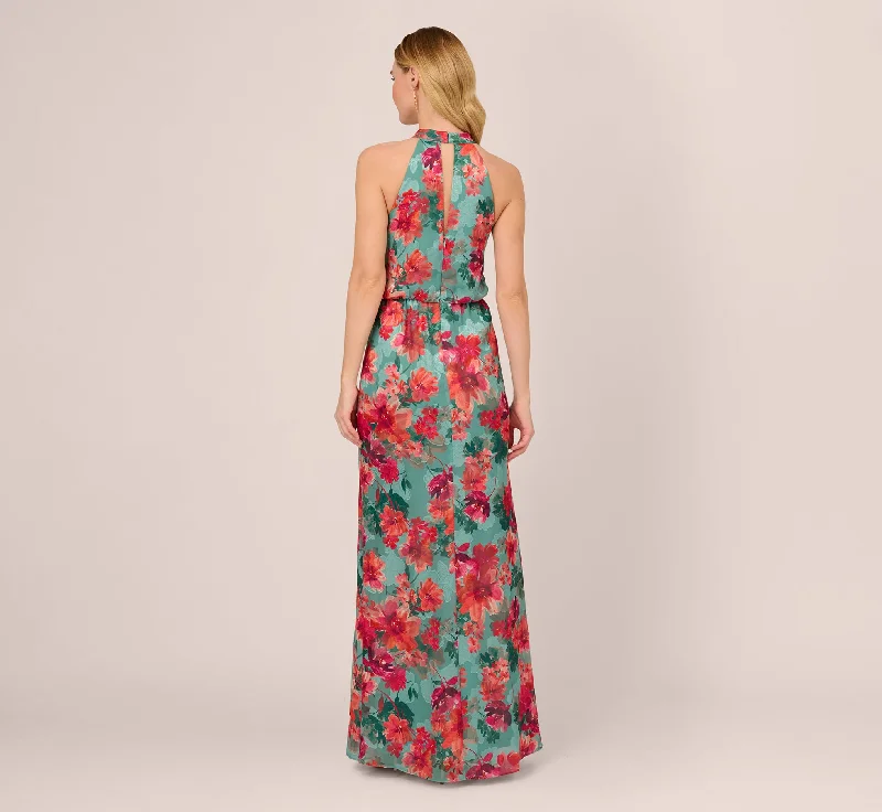 Floral Printed Halter Mermaid Gown With Ruffle Details In Turquoise Multi