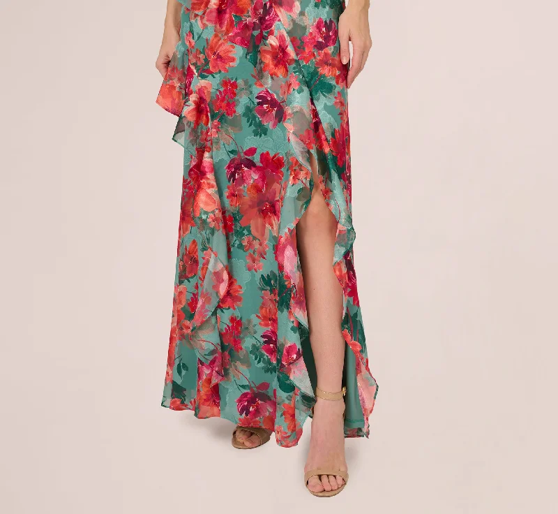 Floral Printed Halter Mermaid Gown With Ruffle Details In Turquoise Multi