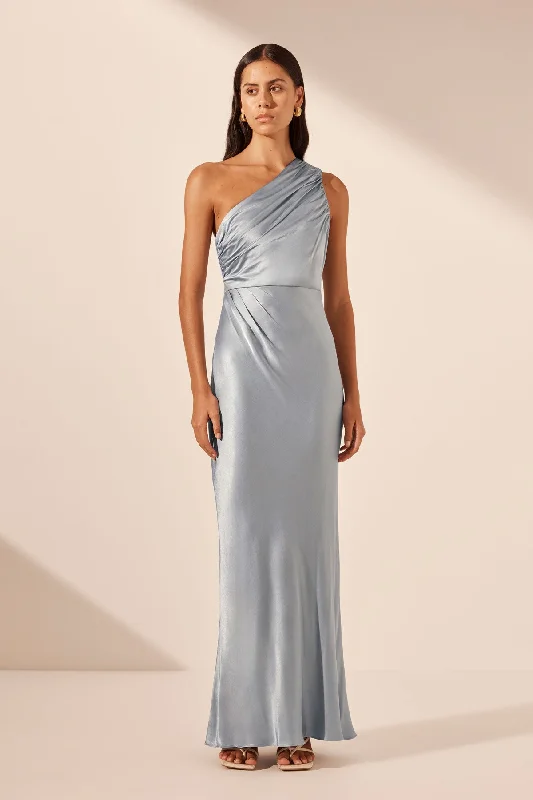 LA LUNE GATHERED ONE SHOULDER MAXI DRESS - POWDER BLUE