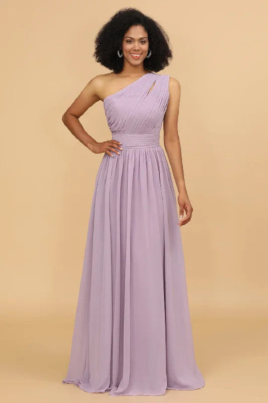 Lilac A Line One Shoulder Long Chiffon Bridesmaids Dress with Ruffles