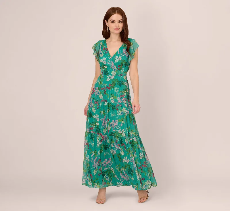 Metallic Floral Print Ankle Length Gown With Flutter Sleeves In Green Multi