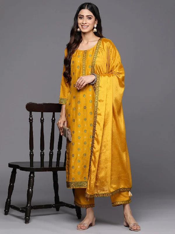 Mustard Self Design Silk Blend Straight Suit Set With Trousers