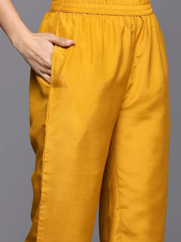 Mustard Self Design Silk Blend Straight Suit Set With Trousers