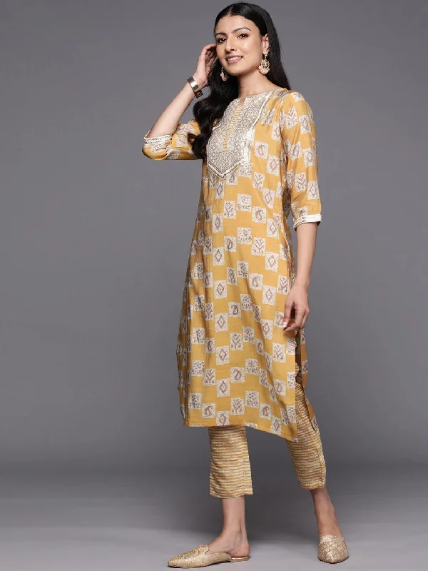 Mustard Yoke Design Silk Blend Straight Suit Set With Trousers