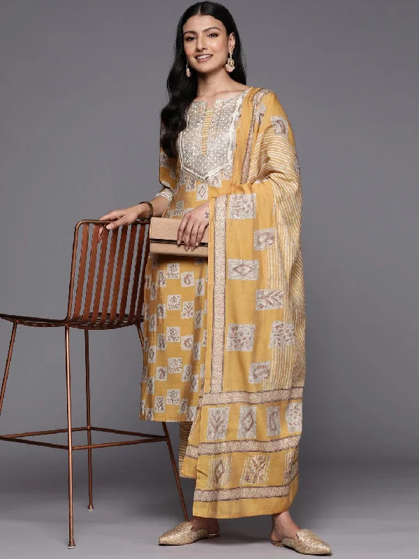 Mustard Yoke Design Silk Blend Straight Suit Set With Trousers