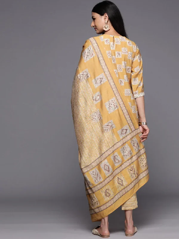 Mustard Yoke Design Silk Blend Straight Suit Set With Trousers