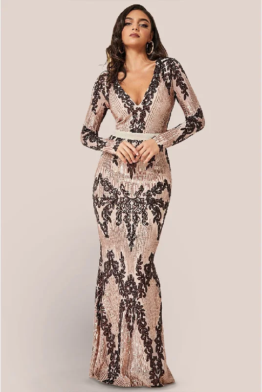 Goddiva Long Sleeve Sequin Evening Maxi Dress - Champagne