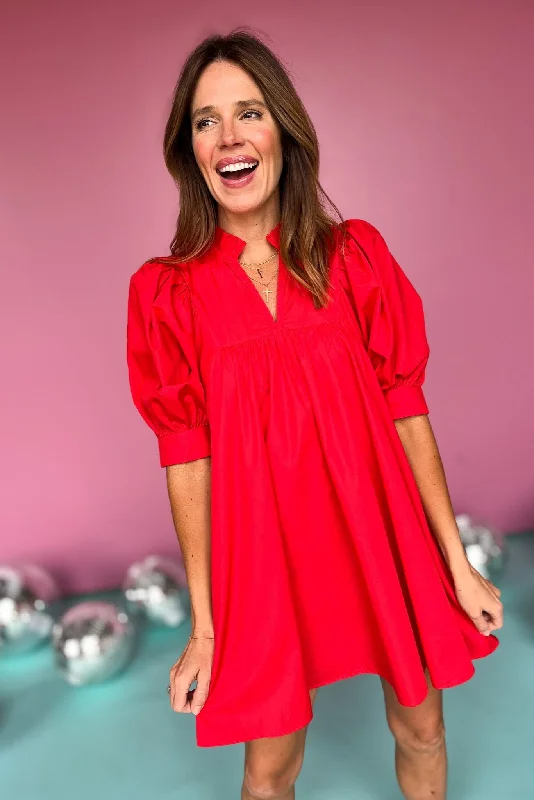 Red Frill V Neck Half Sleeve Dress