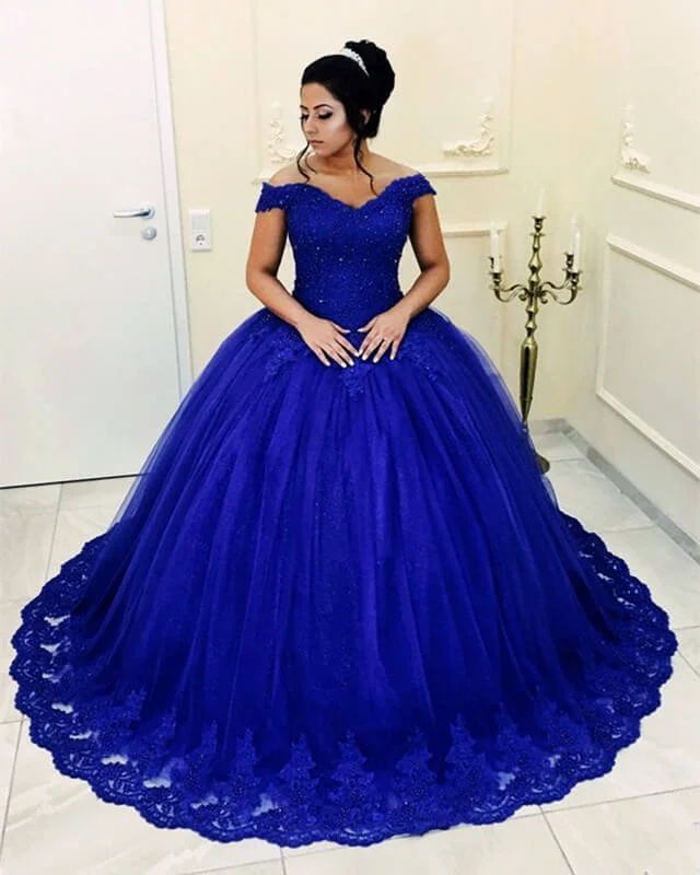 Beaded Lace V-neck Off Shoulder Tulle Ball Gowns Quinceanera Dresses